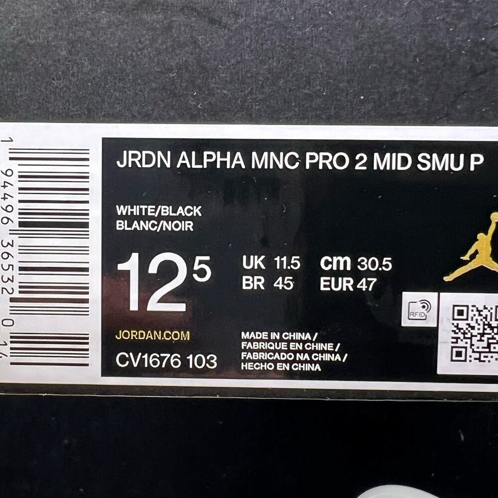 Nike Jordan Alpha Menace Pro 2 Mid SMU P White Black CV1676 103 Men's Size 12.5 - Picture 10 of 10